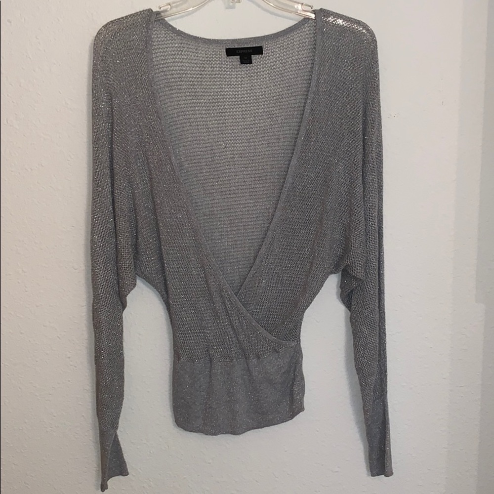 Express Silver Long Sleeve Wrap Top